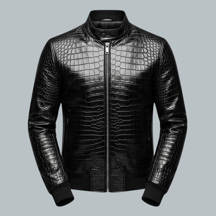 Premium Black Crocodile-Print Cowhide Leather Jacket – Luxury Feel & Natural Texture
