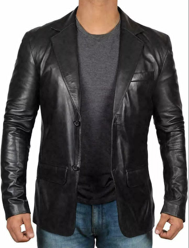 Premium Men’s Black Leather Blazer Jacket – Genuine Cowhide | Classic Tailored Fit by Raozeeluxe
