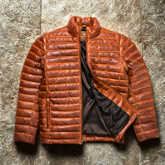 Brown quilted jacket on a textured gray background